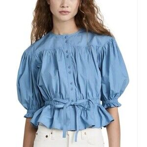 Ulla Johnson Minnie Blouse In Shore Blue Button Up Puff Sleeve Tie Size 2